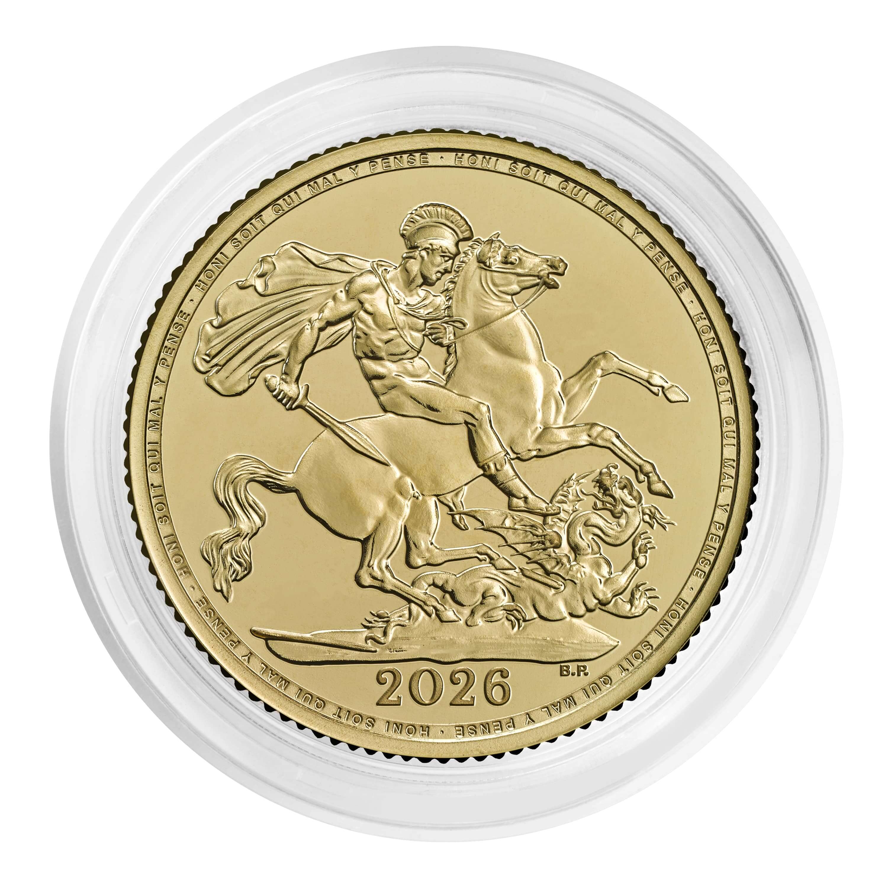 The 2026 Gold Sovereign reverse, featuring Pistrucci's St George and the Dragon with new microtext security inscription